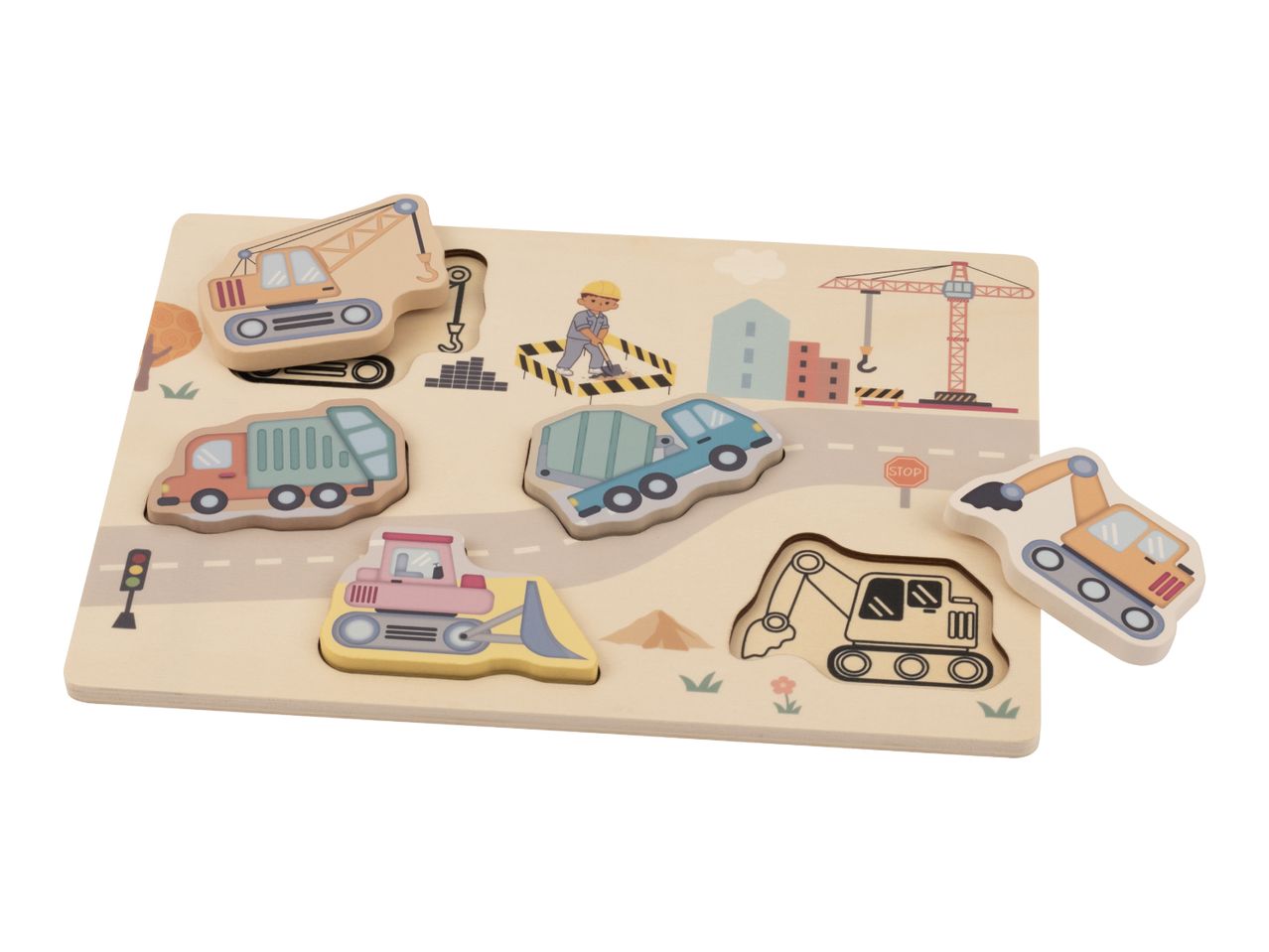 Wooden construction vehicle puzzle with a crane, dump truck, excavator, and bulldozer pieces.