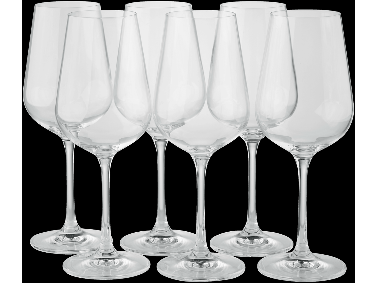 Sešas caurspīdīgas vīna glāzes uz melna fona.