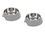 Two grey pet bowls with stainless steel inserts.