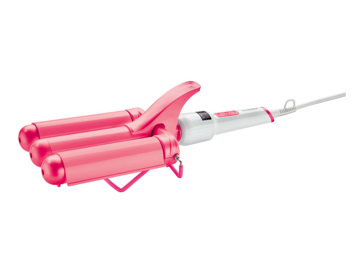 Pink triple barrel curling iron for creating voluminous curls and waves.