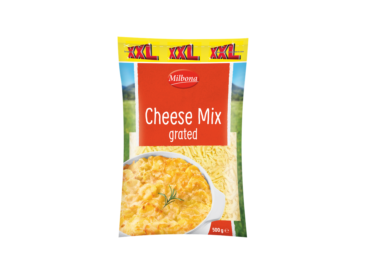 Milbona Cheese Mix grated, 500g pakiranje s XXL oznakom i slikom gratiniranog jela.