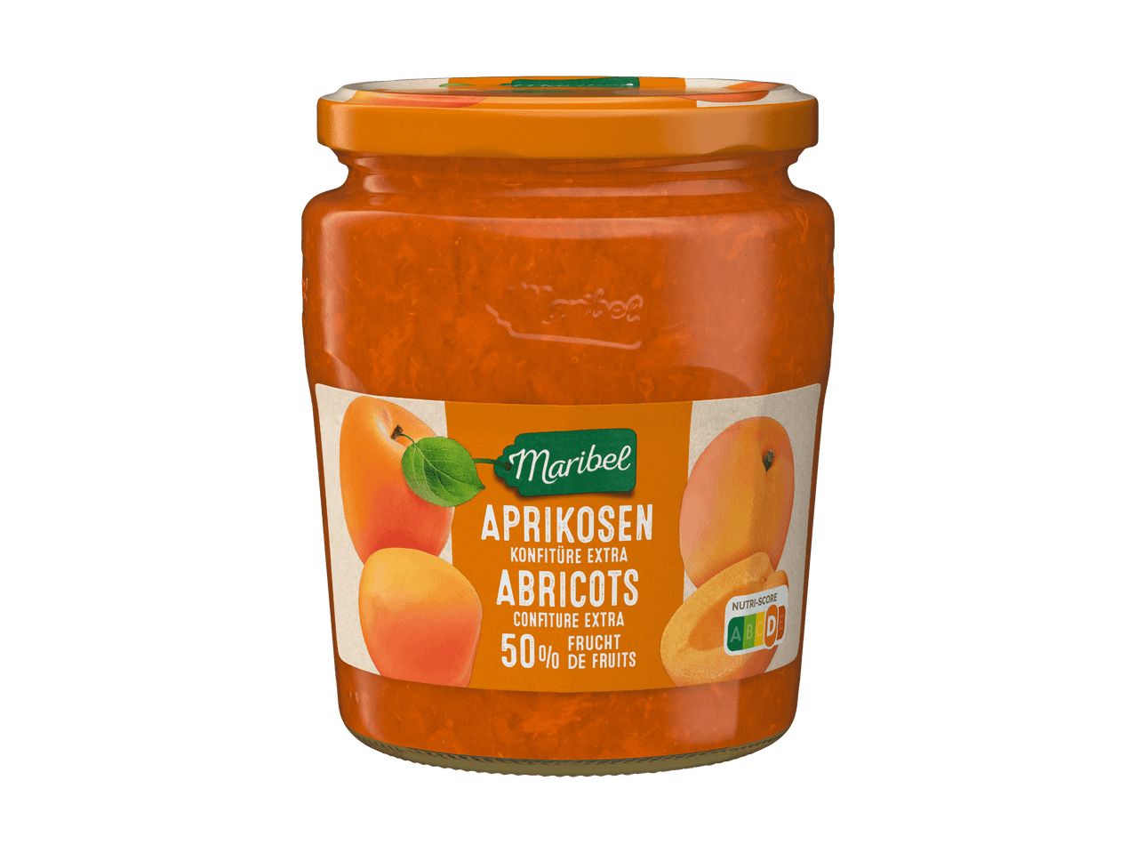 Vasetto di confettura di albicocche con 50% di frutta e Nutri-Score B.