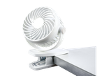 White clip-on desk fan.
