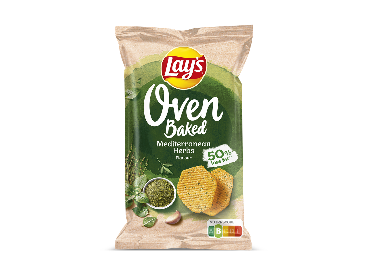 Zak ovengebakken chips met mediterrane kruiden, 50% minder vet en Nutri-Score A.