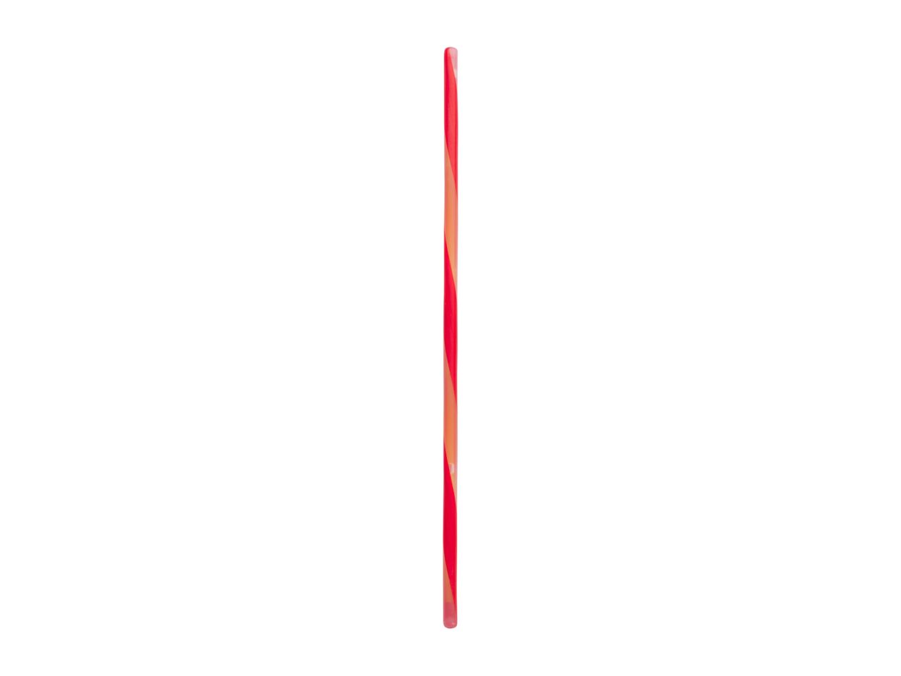 A single red and white striped candy cane standing upright on a white background.