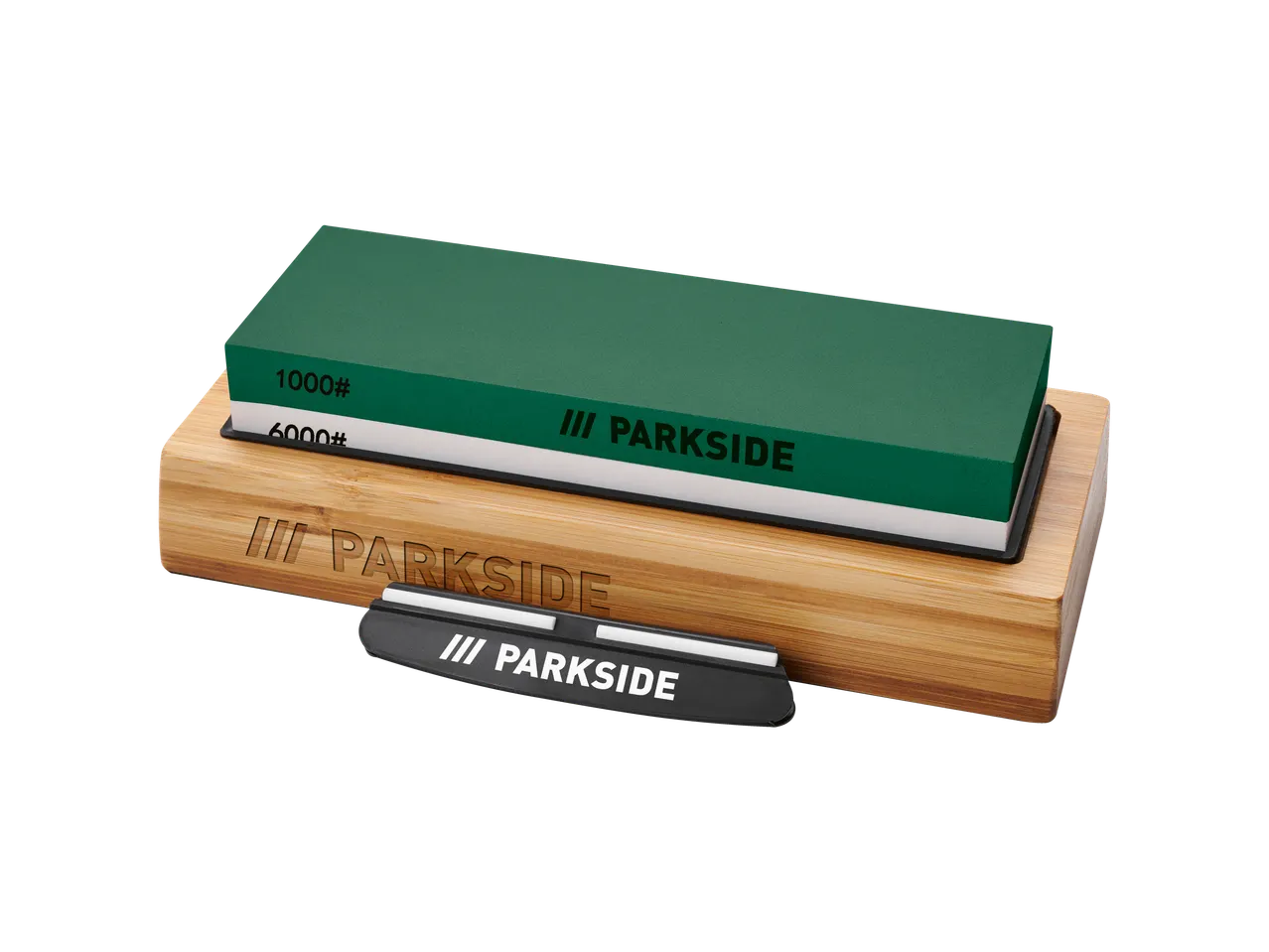 Parkside 1000/6000 grit sharpening stone set with bamboo base and honing steel.