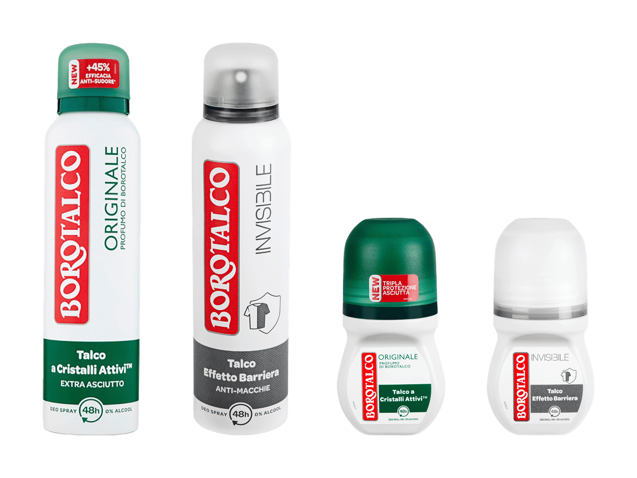 Vier Borotalco Deodorants: zwei Sprays und zwei Roll-ons, in Original- und Invisible-Varianten.