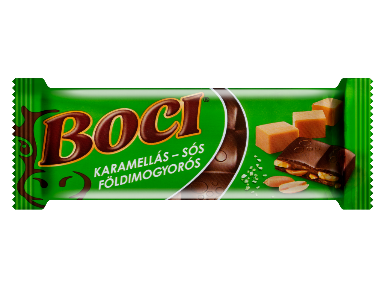 BOCI Karamellás-Sós Földimogyorós tábláscsokoládé karamellkockákkal és földimogyoróval.