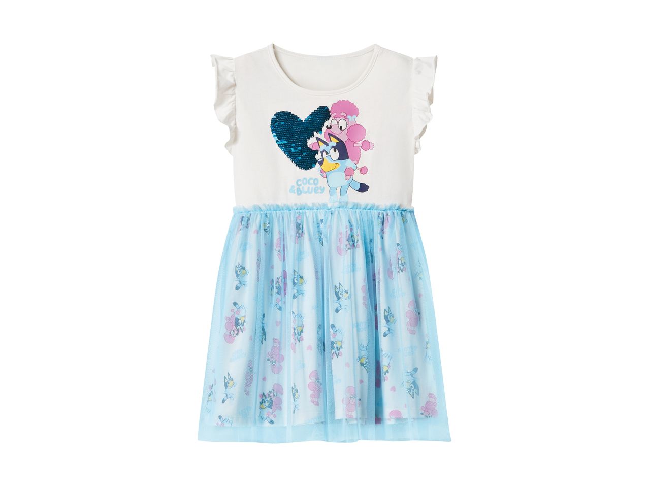 White and blue short-sleeved dress with cartoon characters and a sequin heart.