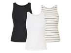 Tri ženske rebraste majice bez rukava: crna, bijela i bijela s crnim prugama.