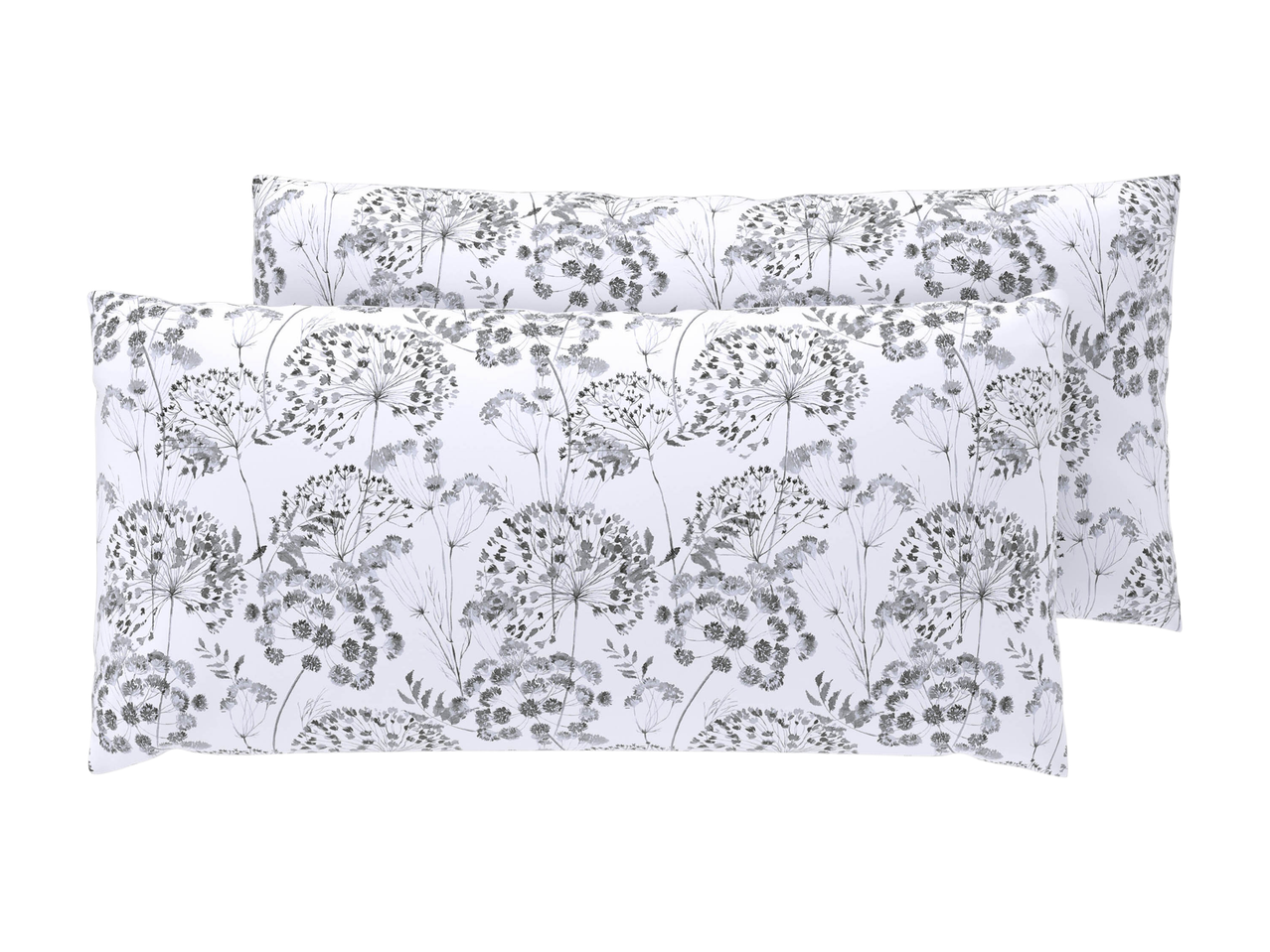 Two white pillows with a grey floral pattern, one slightly behind the other.