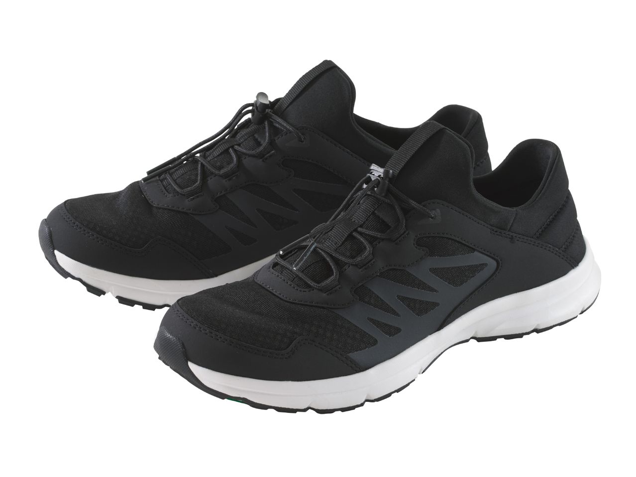 Pair of black athletic shoes with white soles and quick-lace system.