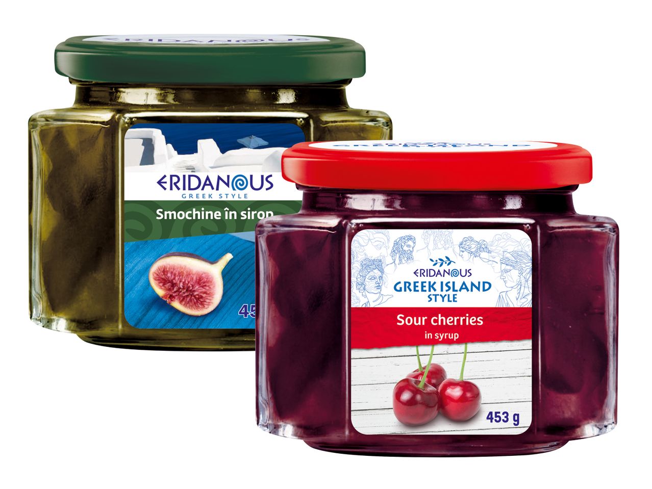 Două borcane Eridanous: smochine în sirop și cireșe amare în sirop.