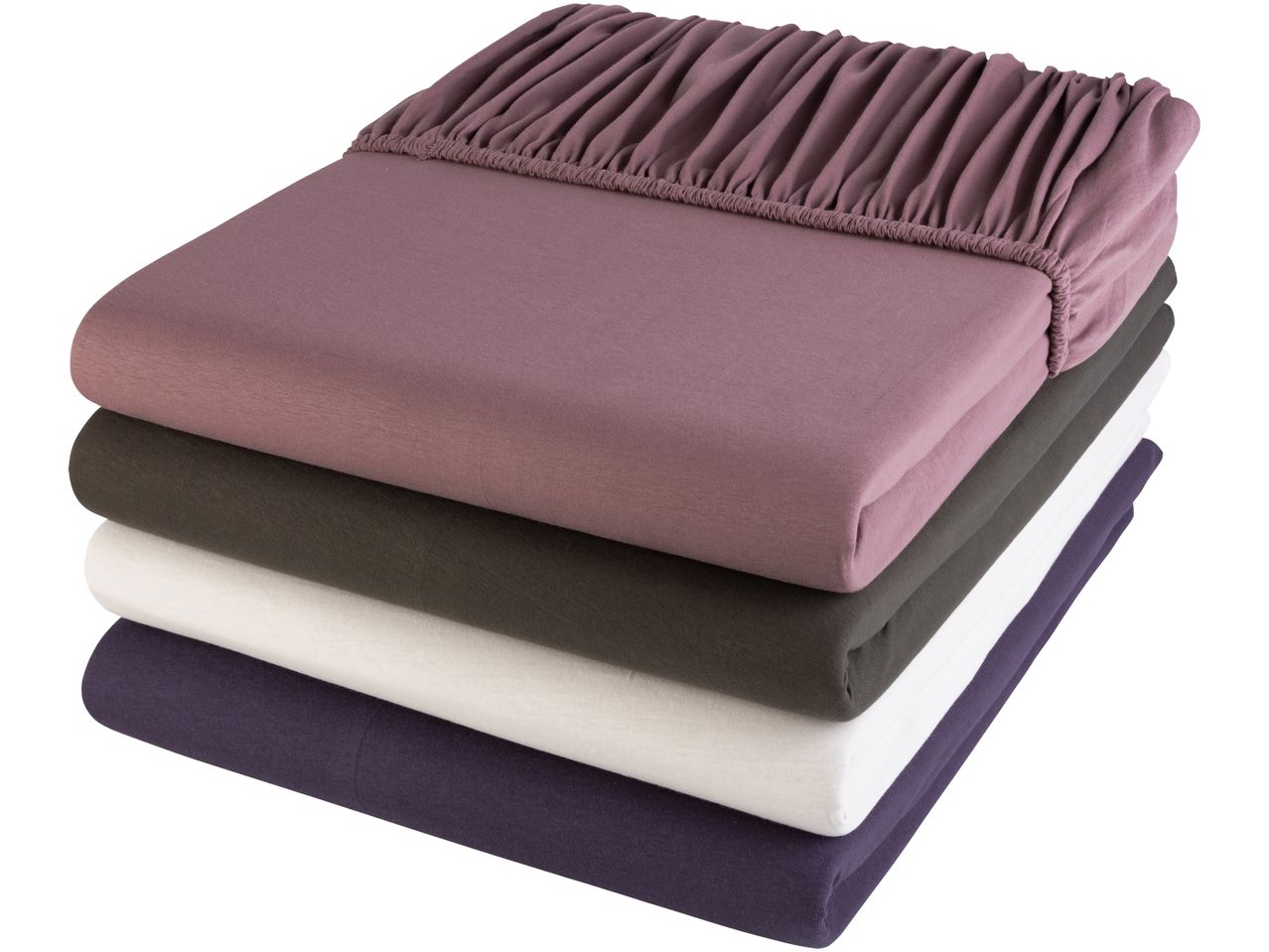 Set di lenzuola di diversi colori impilati. Violetta, antracite, bianco, viola scuro. 