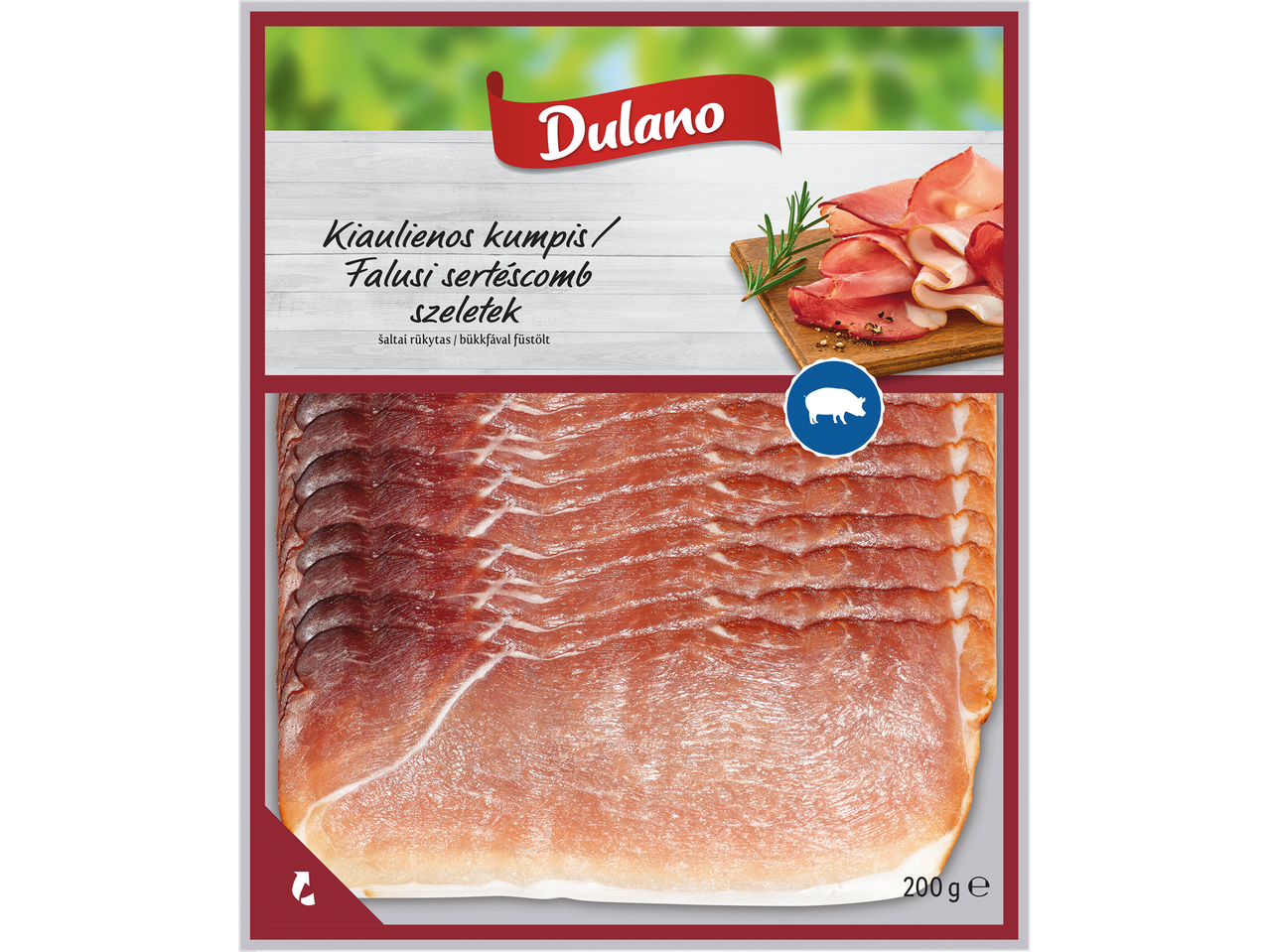 Dulano 200g szeletelt, hidegen füstölt sertéscomb.