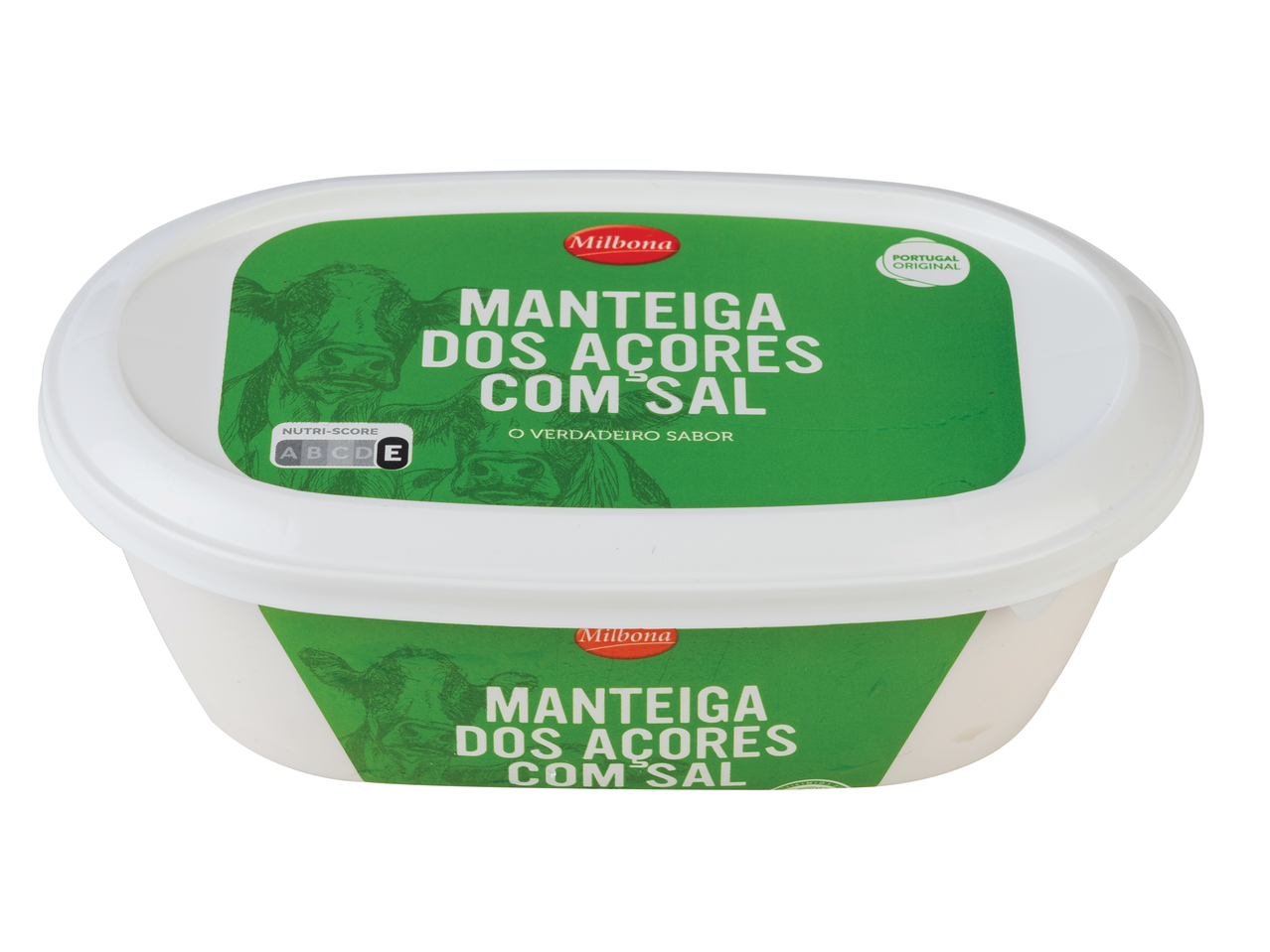Manteiga dos Açores Milbona com sal, com Nutri-Score E e selo Portugal Original.