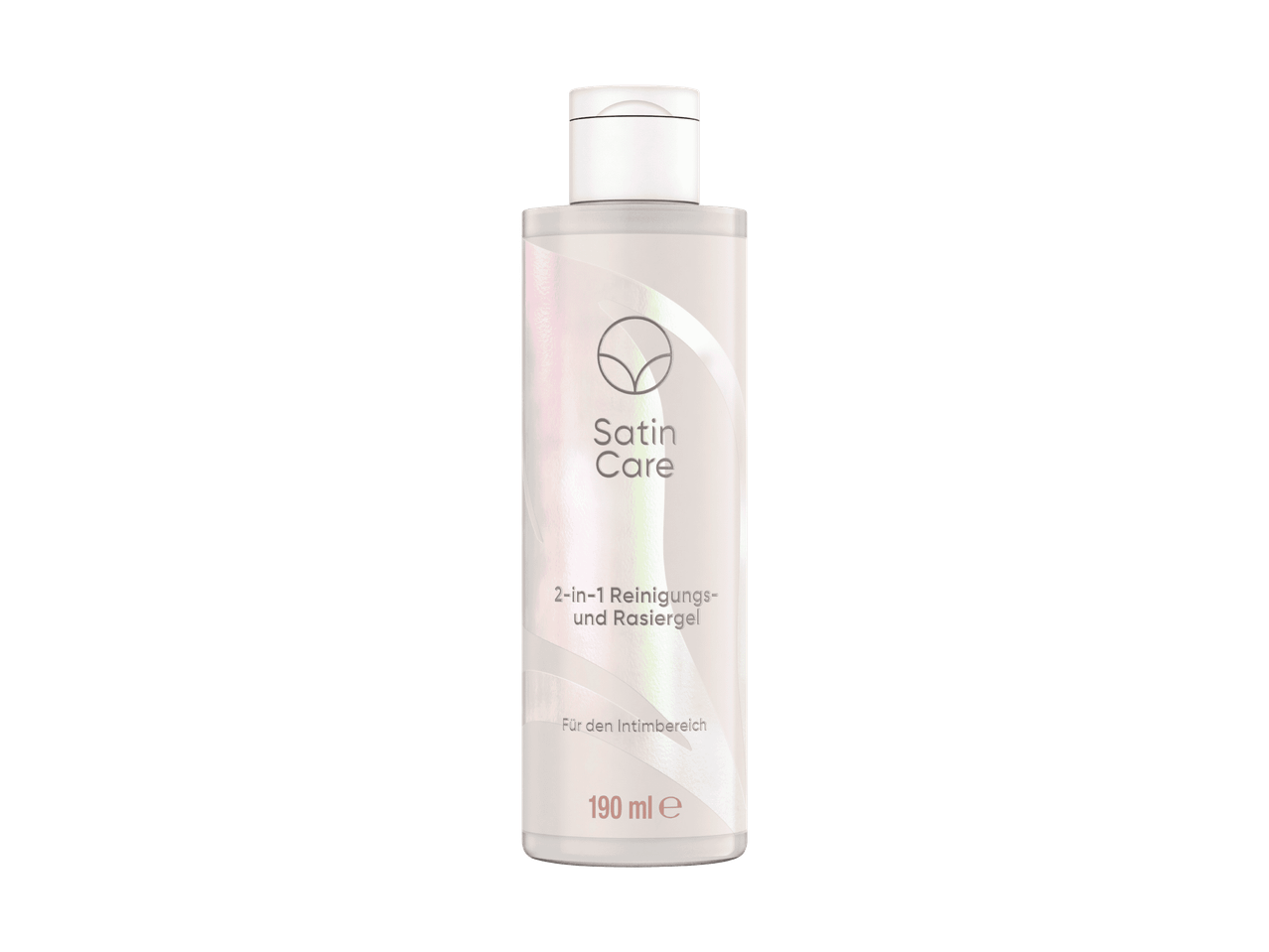 Flasche Satin Care 2-in-1 Reinigungs- und Rasiergel für den Intimbereich, 190 ml.