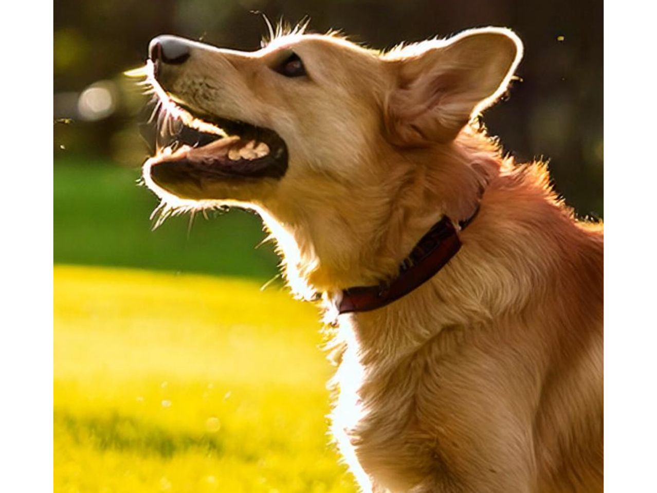A golden retriever dog with a brown collar looks towards the sun in a field of yellow flowers.