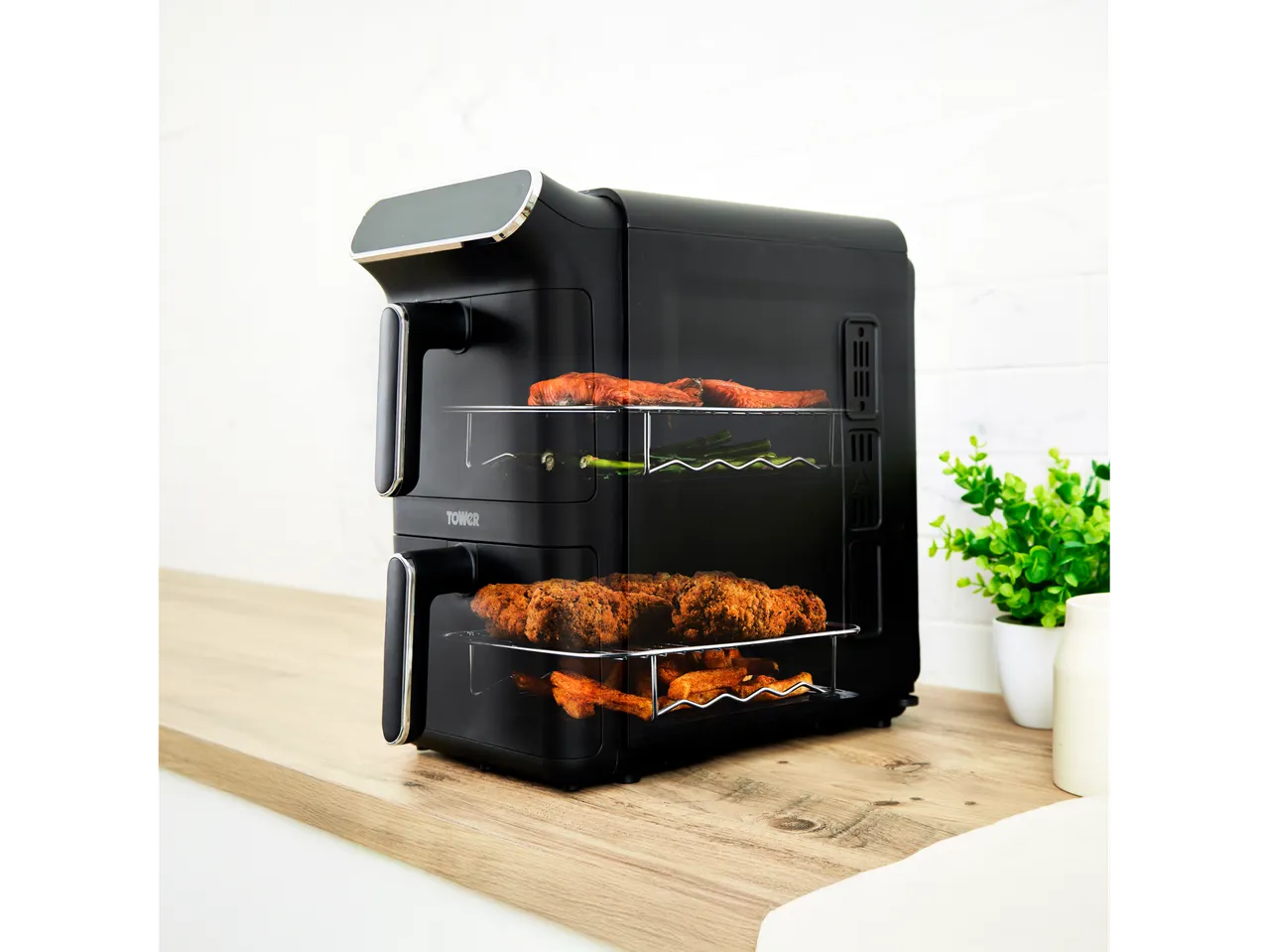 Tower air fryer: chicken, sweet potatoes, and vegetables.