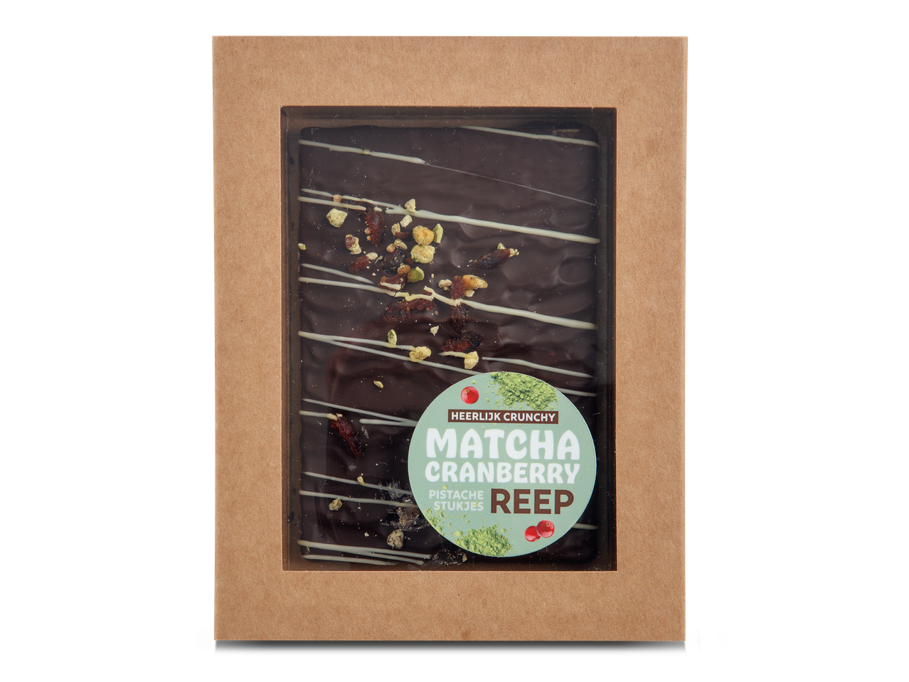 Een chocoladereep met matcha, cranberry en pistache in een kartonnen verpakking.