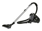 Black bagless cylinder vacuum cleaner with a silver telescopic tube and floor nozzle.