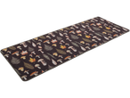 A dark brown runner rug with a pattern of mushrooms, ferns, and autumn leaves.