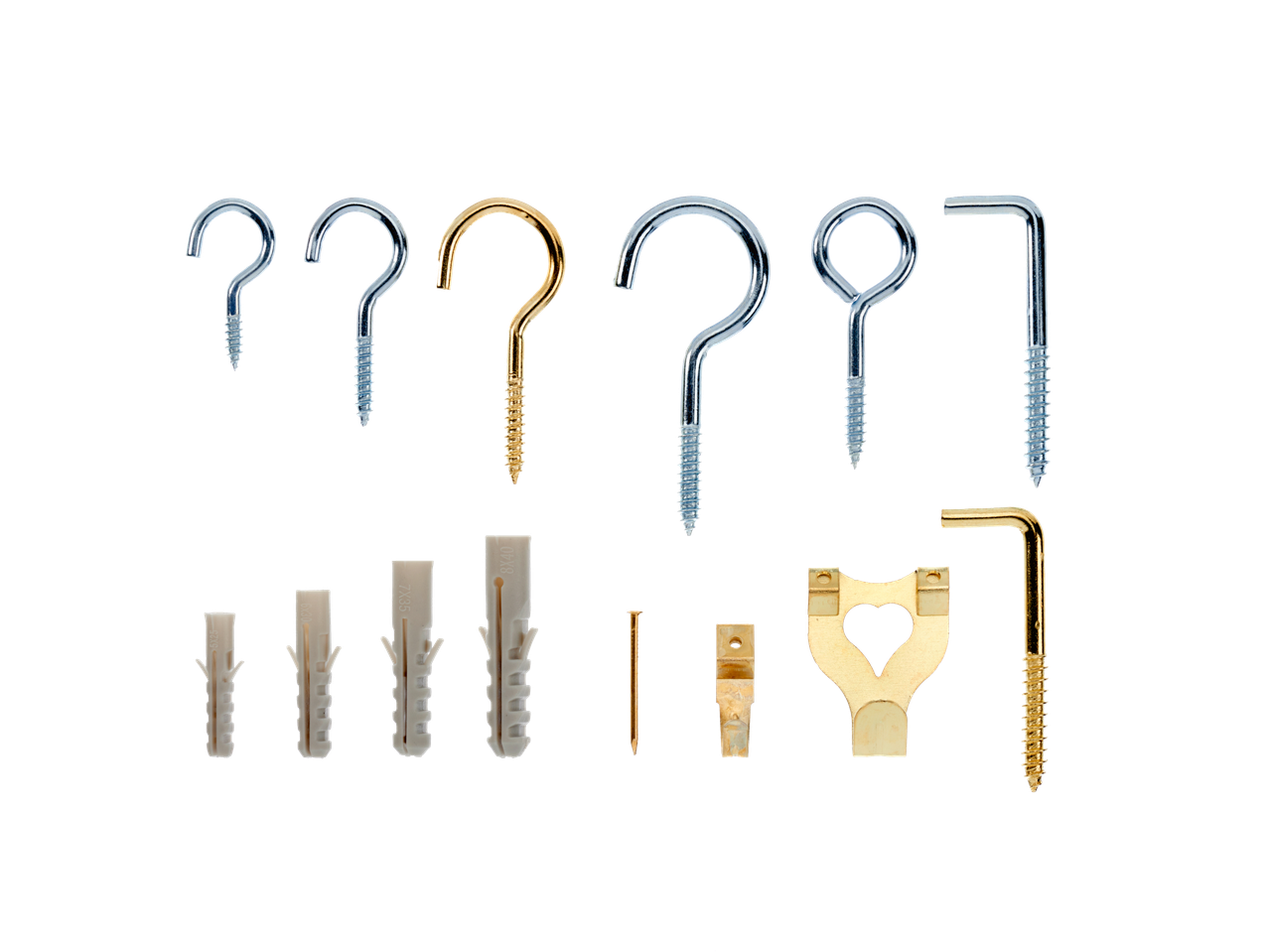 Ganchos de rosca, buchas e suportes para quadros sortidos em fundo preto.