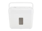 White paper shredder with a handle, control panel, and a transparent window on the front.