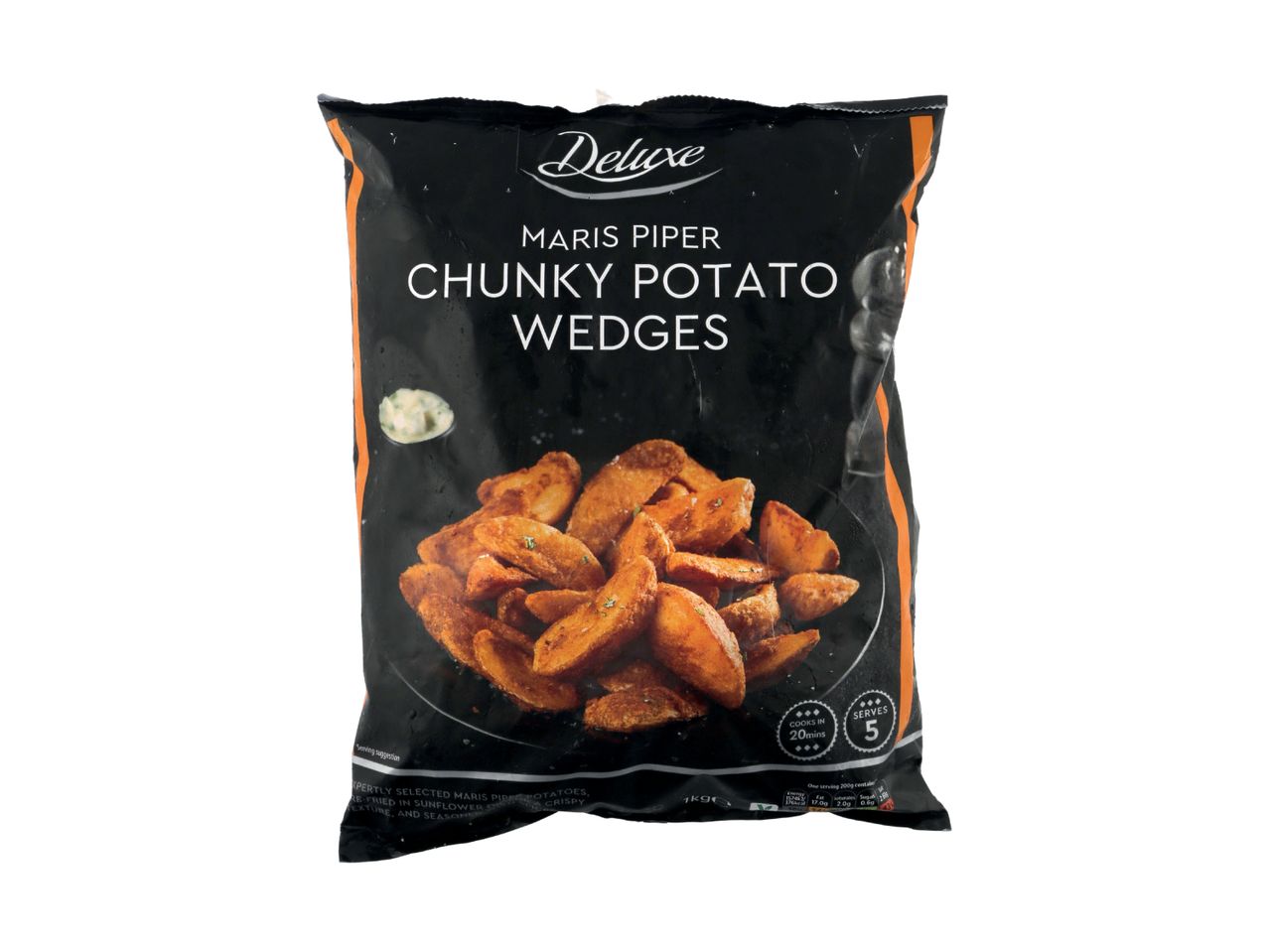 A bag of Lucerne brand frozen chunky potato wedges.