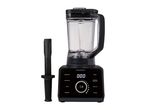 Black blender with a digital display, pitcher, and tamper accessory