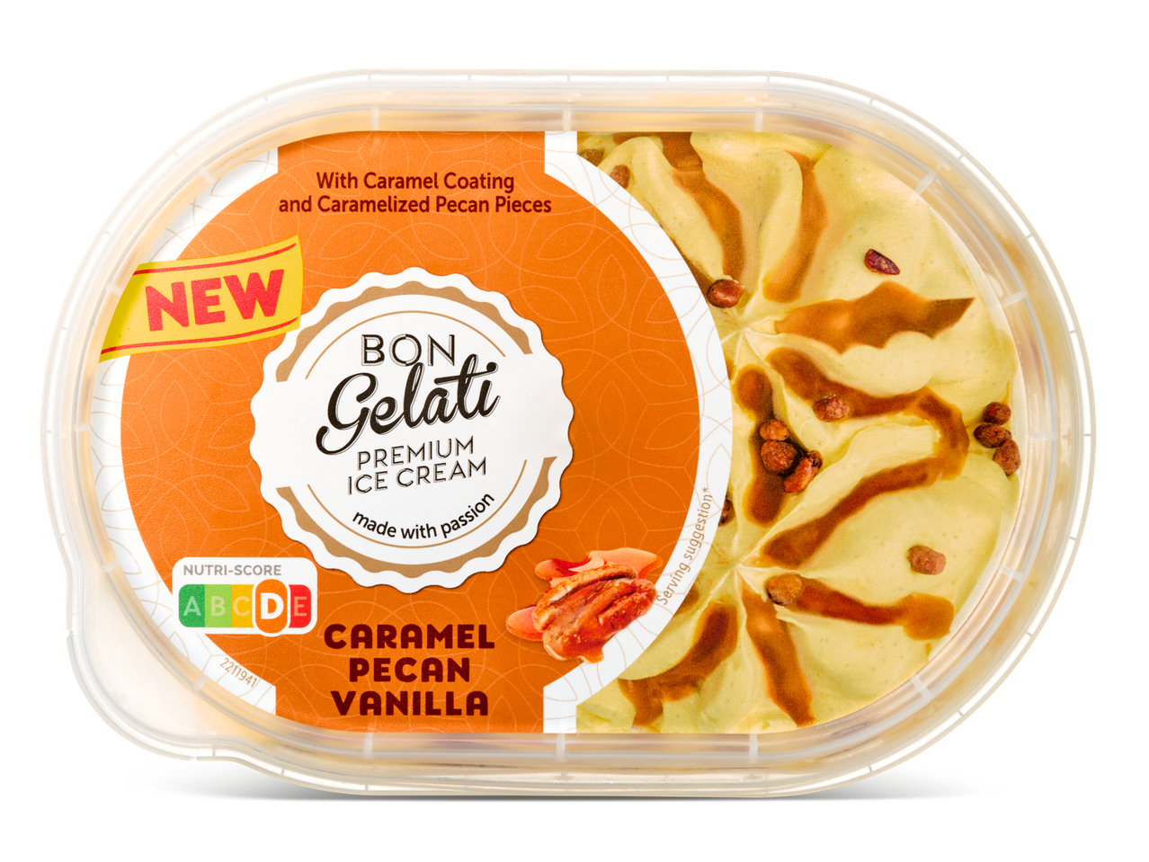 Nieuwe Bon Gelati Caramel Pecan Vanilla premium ijs in een plastic bakje.