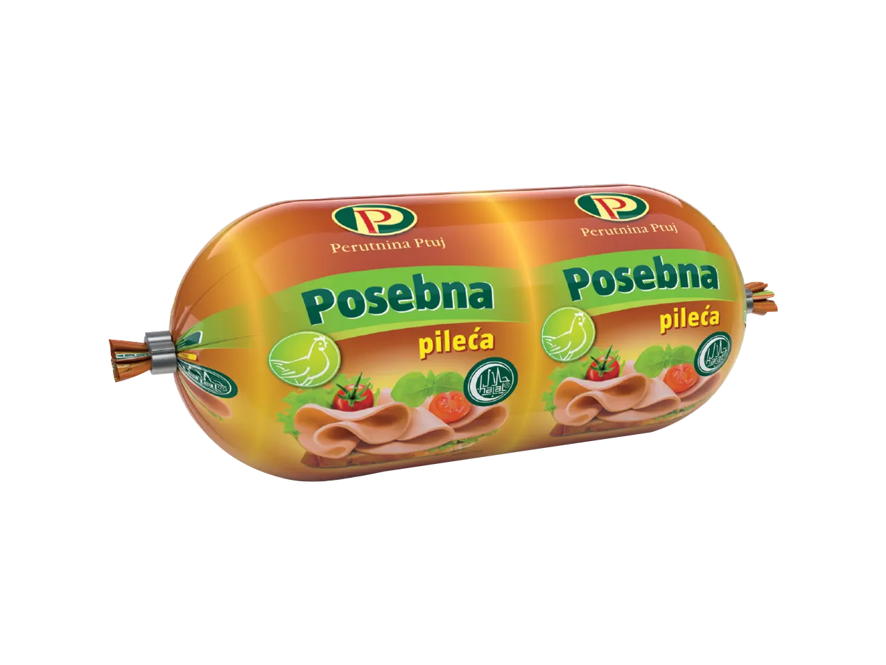 Pakovanje pileće posebne salame sa slikom sendviča i piletine.