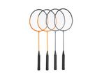 Four badminton rackets, two orange and two grey, with black grips, on a white background.