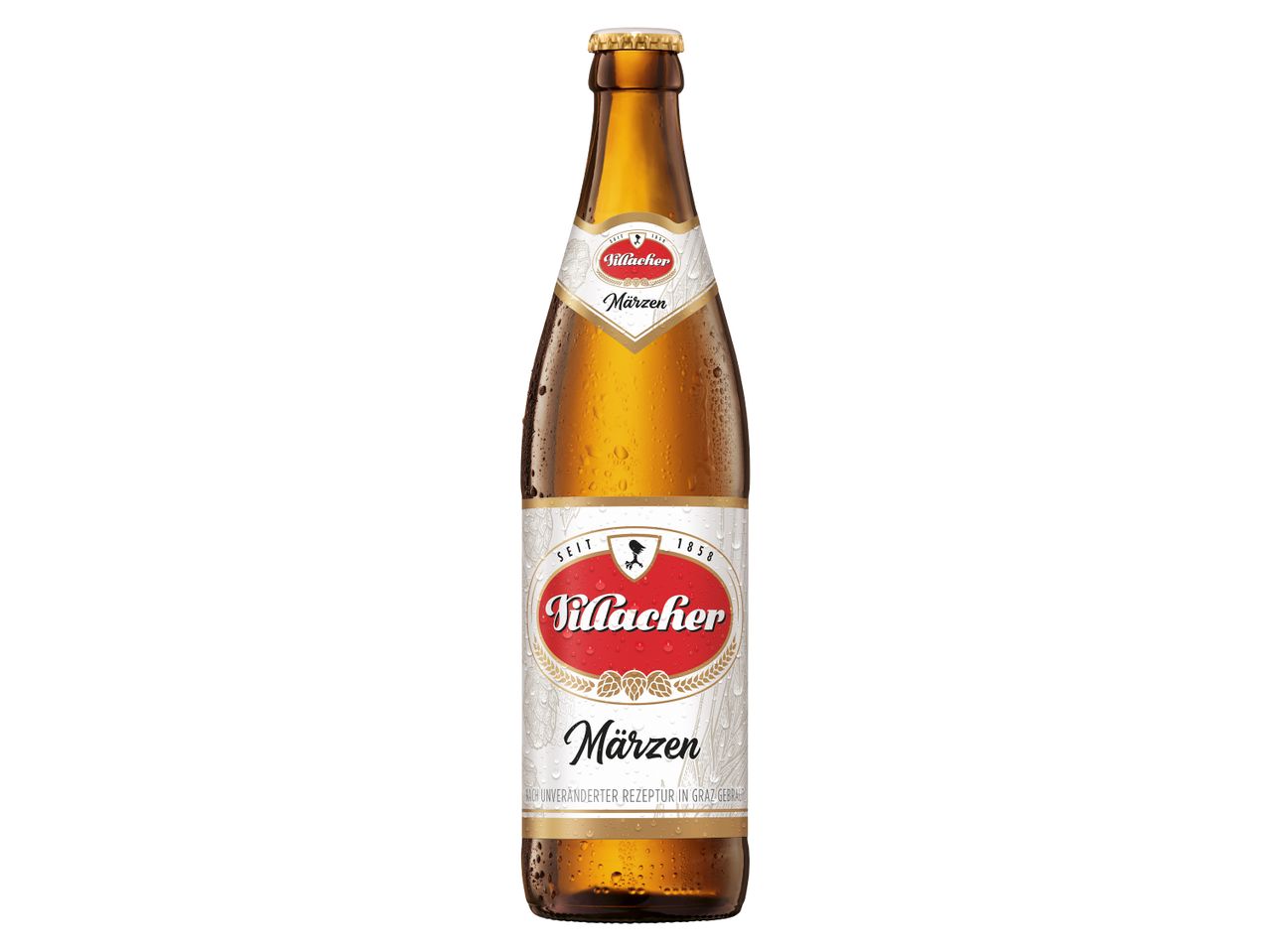 Eine Flasche Villacher Märzen Bier mit Kondensation.
