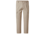 Pantalon cargo beige pour homme avec poches latérales et bouton à la taille.