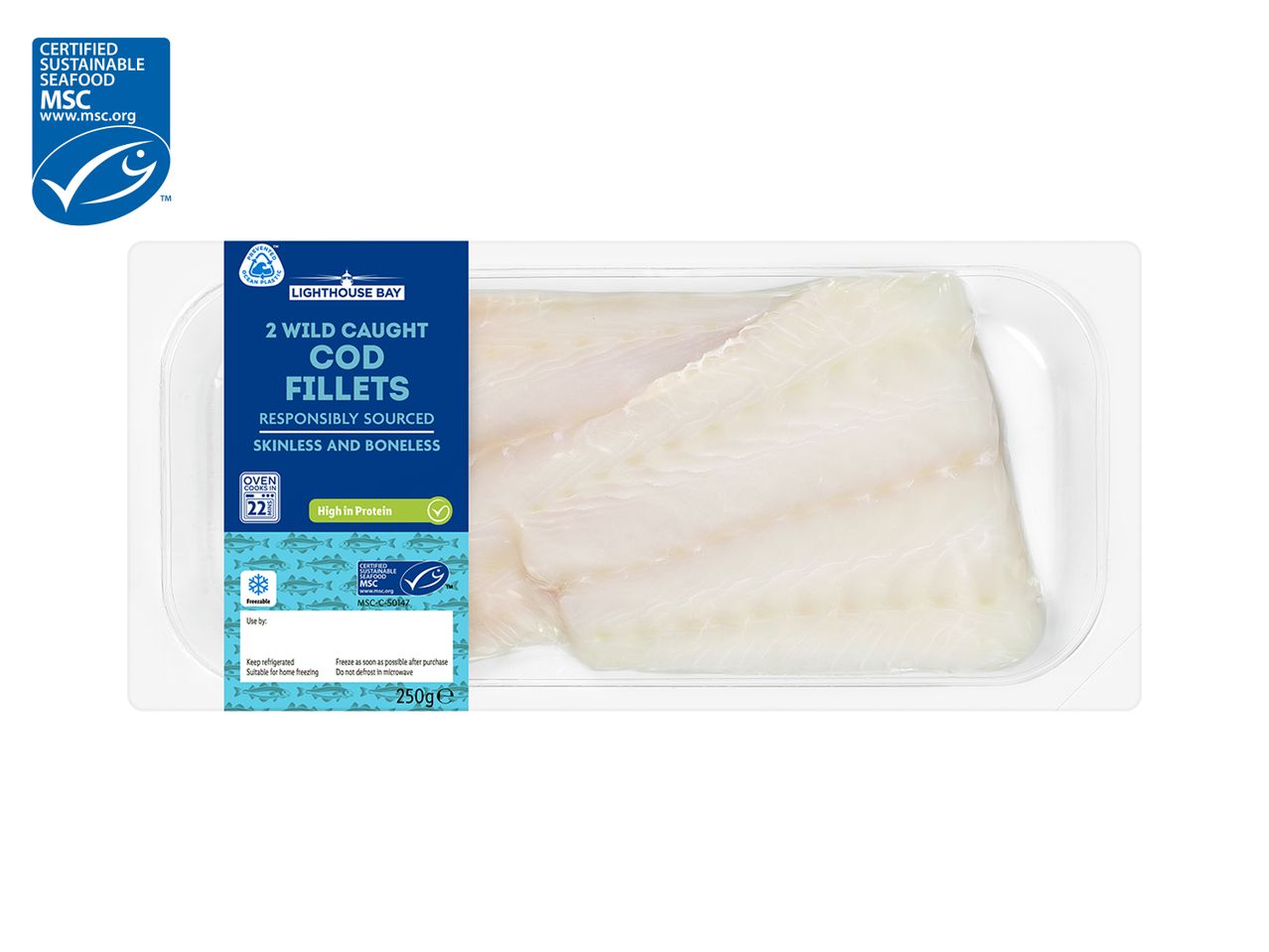 Lighthouse Bay wild caught cod fillets, MSC certified.
