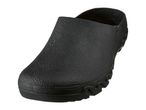 Black slip-on clog with a textured upper and a sturdy sole.