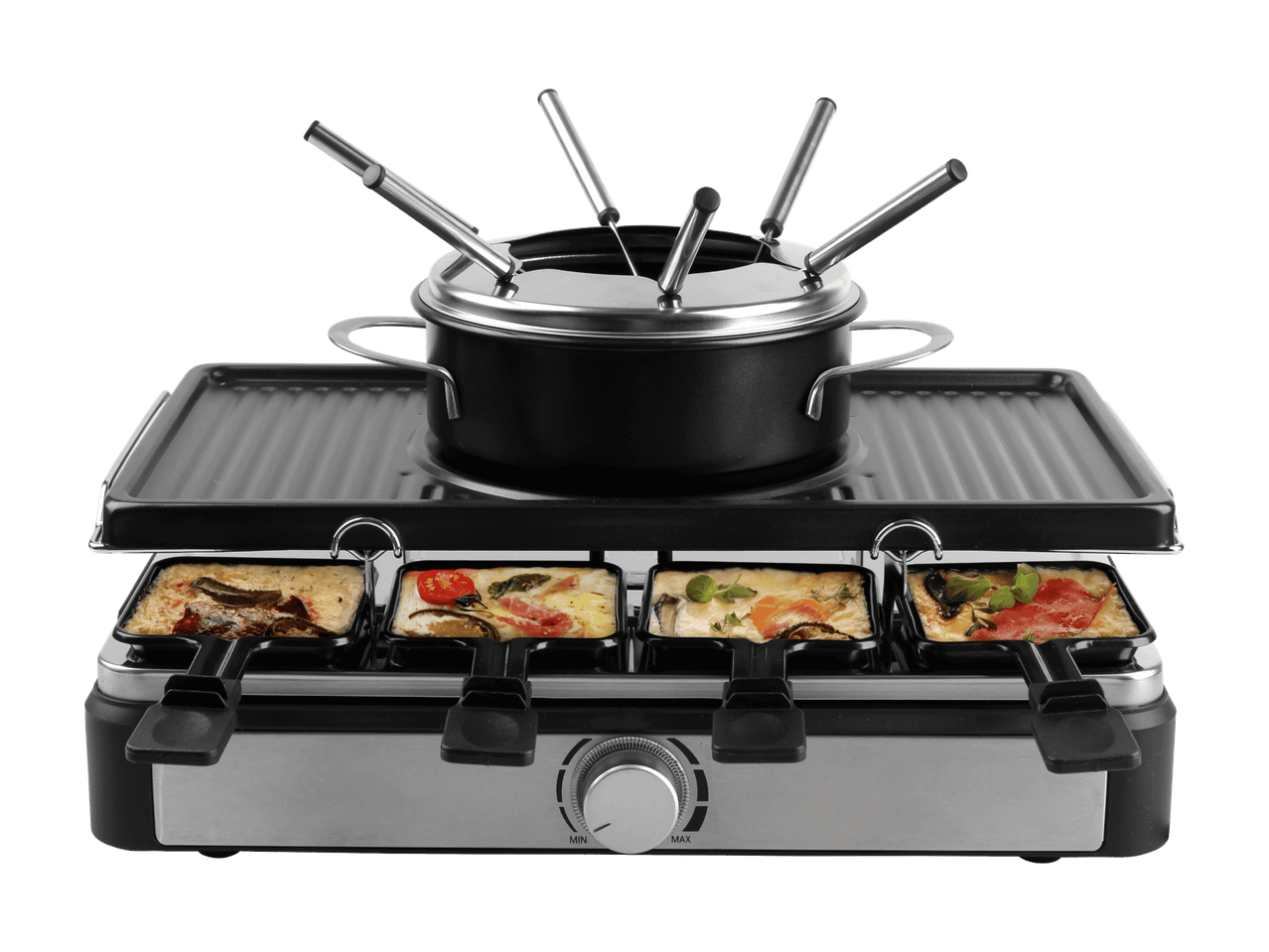 Raclette und Fondue mit individuellen Pfännchen und Fonduetopf.