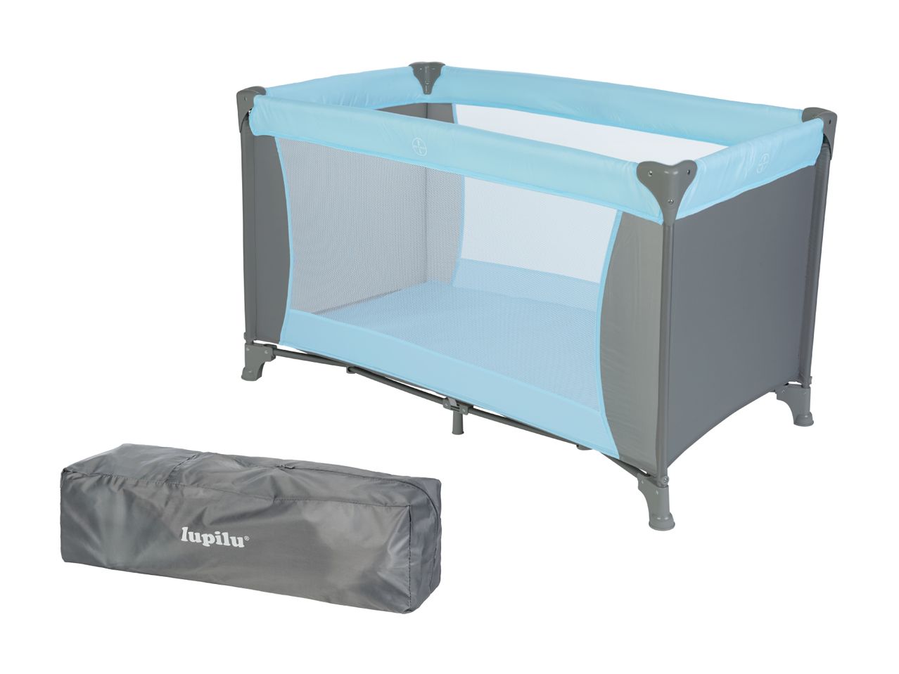 Baby-Reisebett in Hellblau mit Tragetasche.