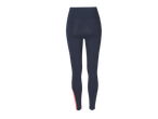 Leggings de corrida CRIVIT® azul-escuro para mulher com risca laranja e detalhes refletores.