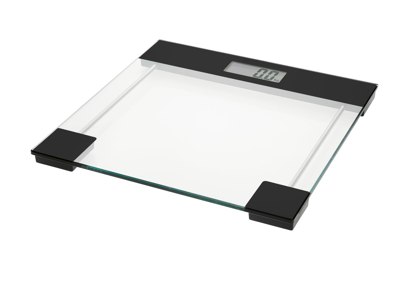 Une balance de salle de bain moderne en verre avec un écran noir.