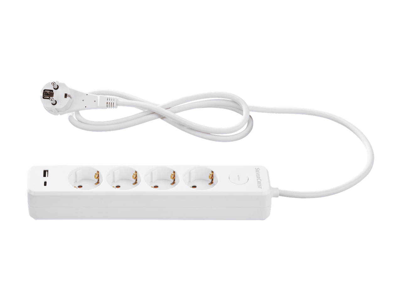 Valkoinen SilverCrest-merkkinen jatkojohto neljällä pistorasiassa ja USB-latausportilla.