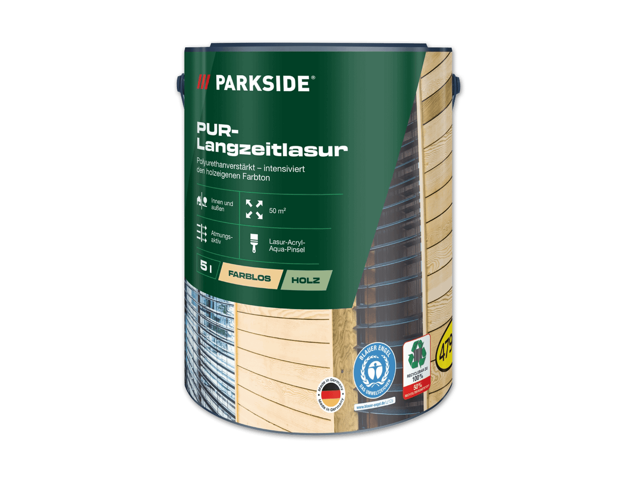 PARKSIDE PUR-Langzeitlasur für Holz, farblos, 5 Liter, mit Umweltzeichen und Recycling-Hinweis.