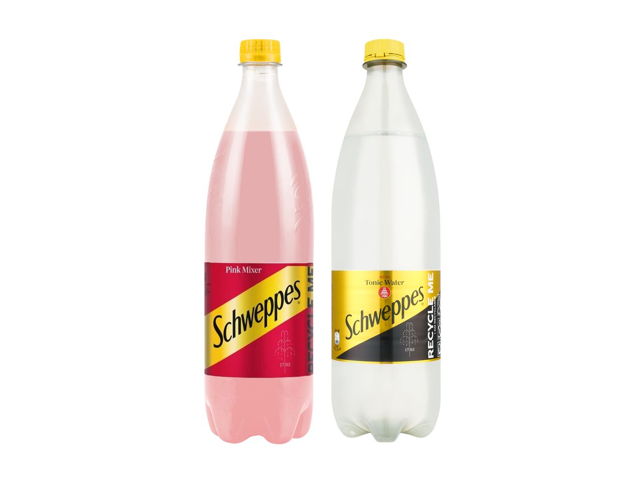 Schweppes rožinis mikseris ir tonizuojantis vanduo buteliuose.