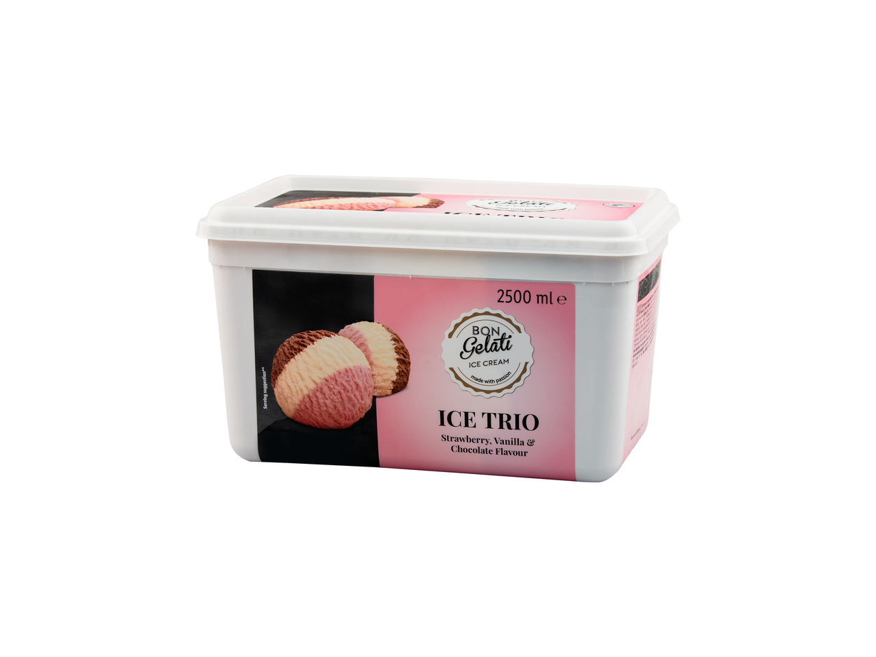Bon Gelati Ice Trio: 2500ml posuda sladoleda sa ukusom jagode, vanile i čokolade.