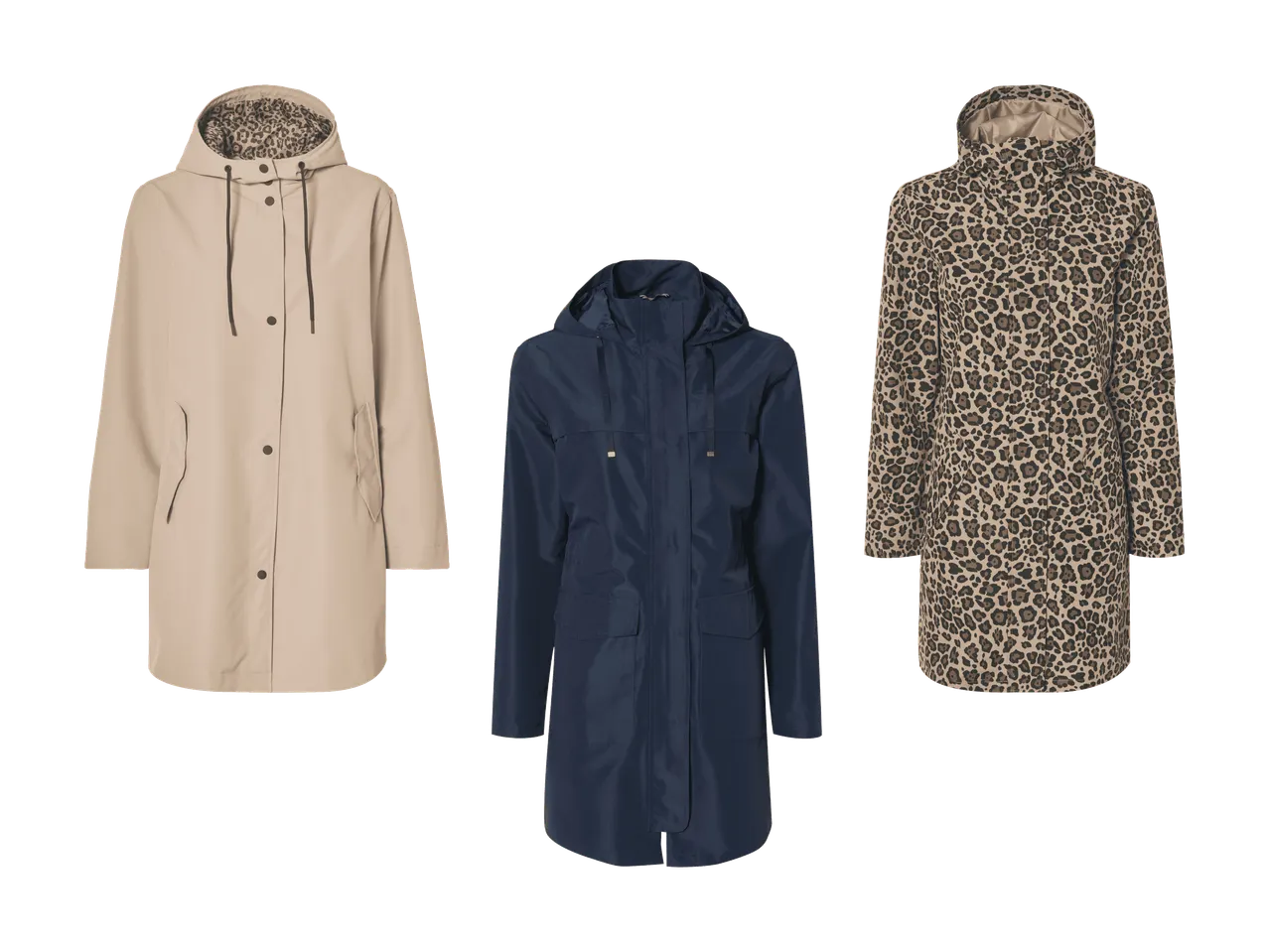 Tre impermeabili da donna: beige con fodera leopardata, blu scuro e leopardato.