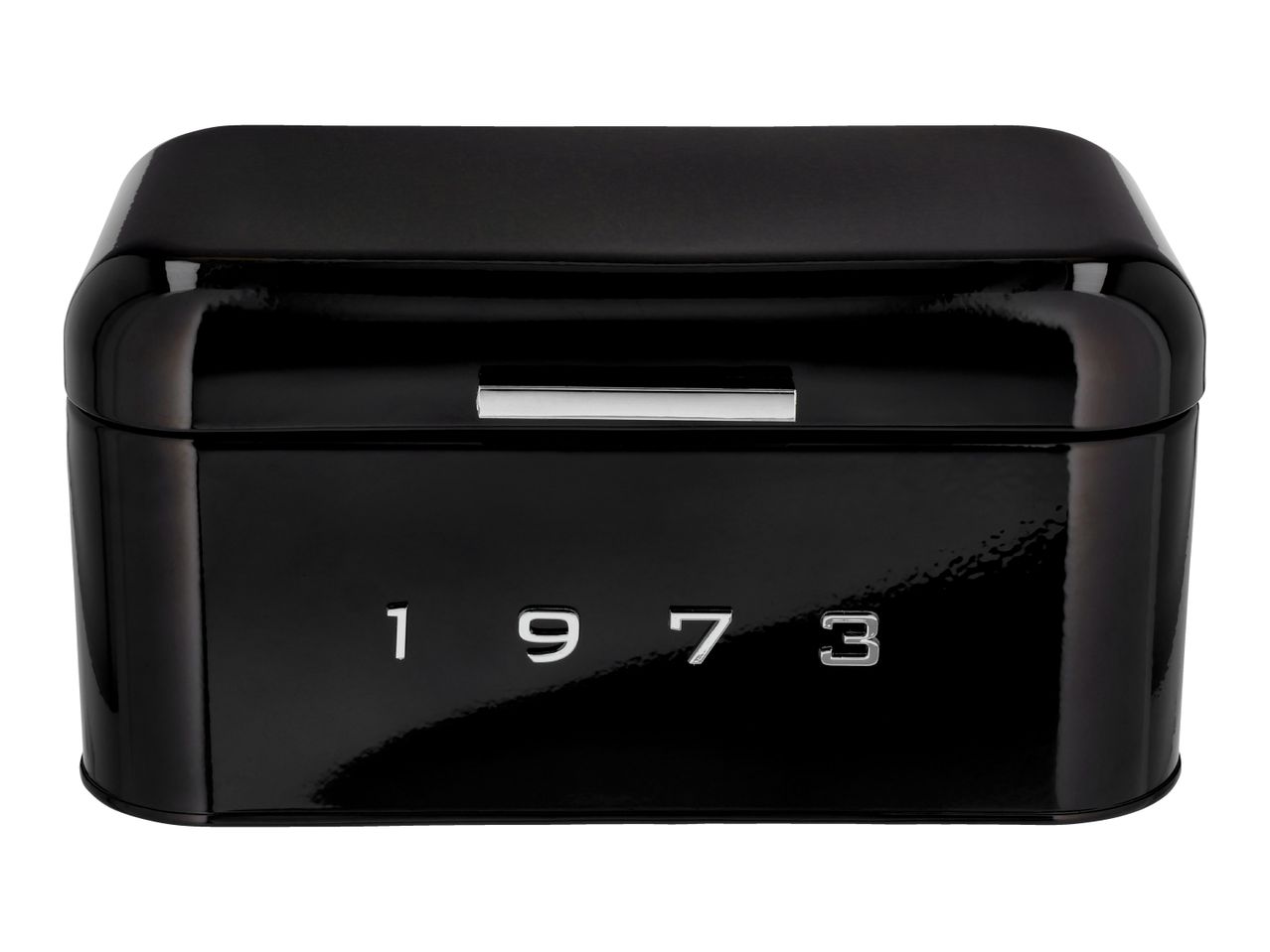 Black retro-style bread bin with the silver numbers 1973 on the front