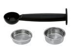 A black coffee scoop and two metal coffee filter baskets with 'MAX' markings.
