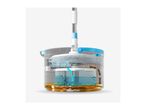 Transparent bucket with a mop, showing clean water being pumped up and dirty water flowing down.