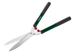 Hedge shears with green handles and black grips, blades slightly open, on a black background.